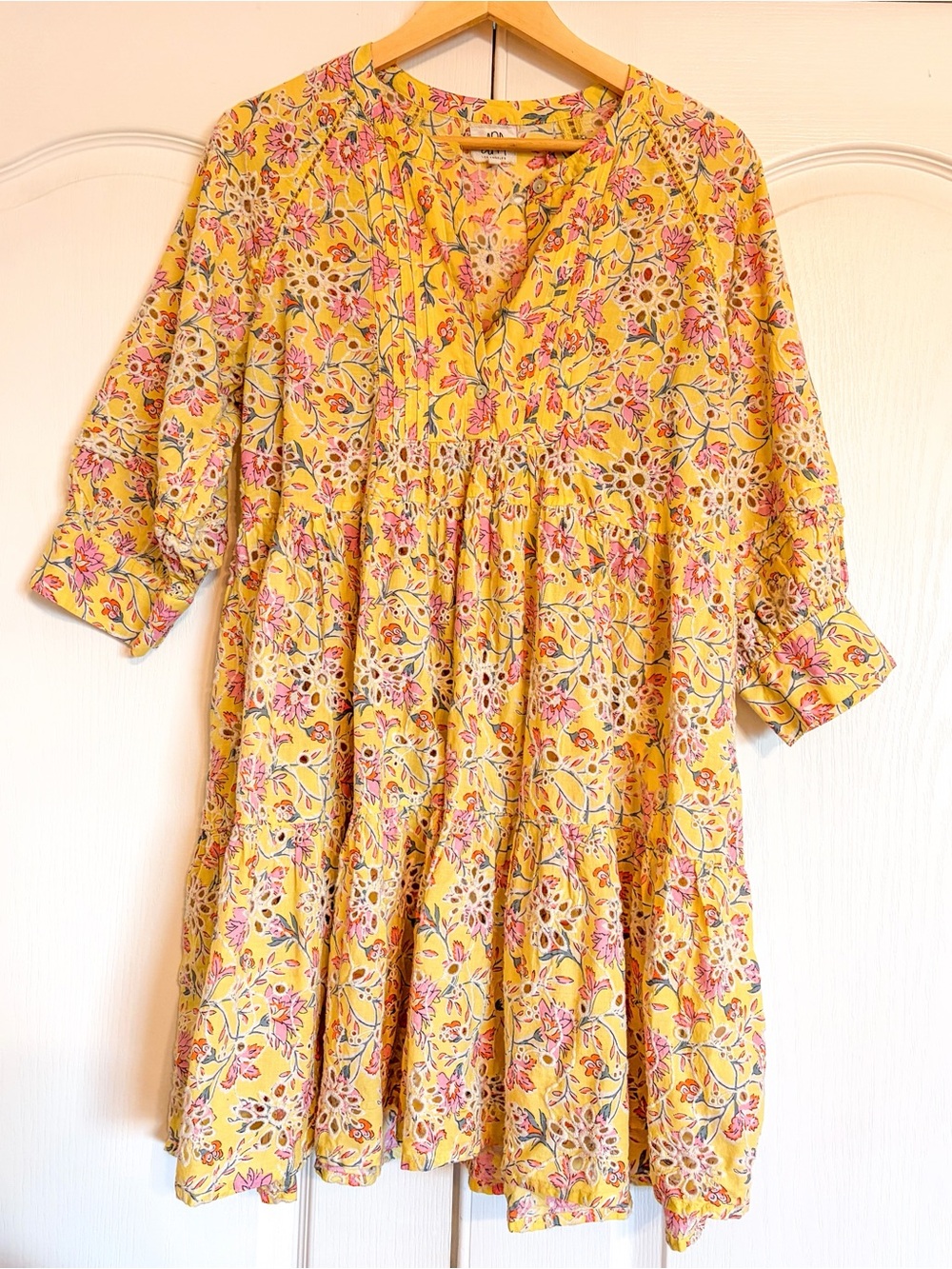 Dra Anthropologie Yara Yellow eyelet mini dress in Large size